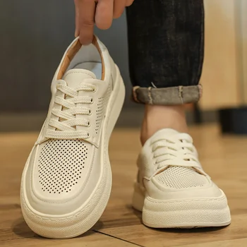 Мужская обувь из кожи WAERTA, мягкая подошва, толстая платформа, Дышащие белые кроссовки для бега, спортивные простые кроссовки