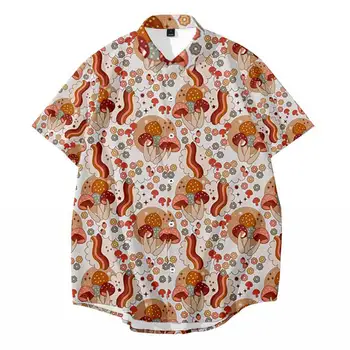 Мужская модная рубашка с коротким рукавом в виде грибов и фрагментированных цветов, летний пляжный топ большого размера для отдыха на Гавайях.
