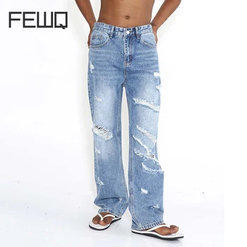 FEWQ Новые прямые джинсы с дырками в стиле Хай-стрит в американской моде, мужские нишевые дизайнерские повседневные универсальные джинсовые брюки Tide 24X1124