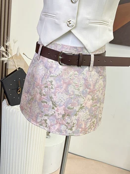 Розовая юбка трапециевидной формы с принтом в милом стиле, Летняя женская французская элегантность, Сексуальная офисная леди, шикарные короткие юбки Y2k с запахом, высокая талия, тонкие короткие юбки