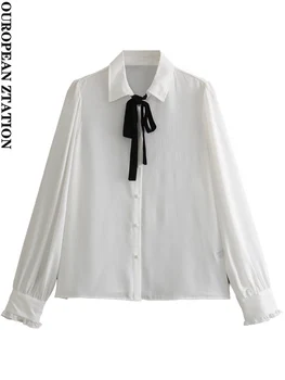 Женская мода 2023 года в пайетках с контрастным галстуком-боло, винтажные женские блузки на пуговицах с длинным рукавом, блузки, шикарные топы