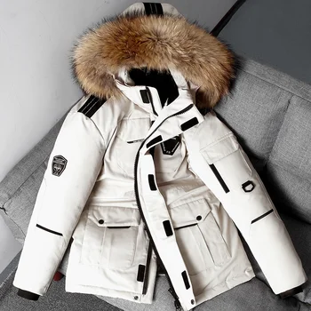 Мужская зимняя пуховая куртка, теплый анорак из белого утиного пуха с капюшоном, мужская парка средней длины, пальто со съемным меховым воротником, водонепроницаемая куртка, мужская
