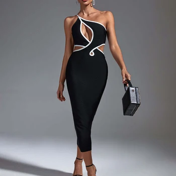 2023, Новое женское сексуальное черное платье без рукавов на одно плечо, облегающее бандажное платье Миди, элегантное вечернее платье знаменитостей