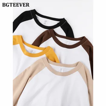 BGTEEVER Повседневные Свободные футболки с круглым вырезом и длинным рукавом, женские осенние базовые женские хлопчатобумажные футболки в стиле пэчворк, женские топы