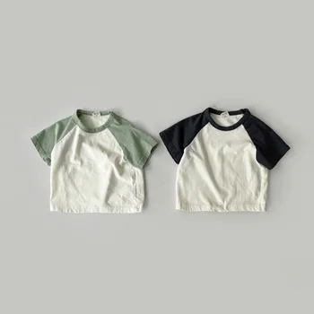 2023 Летняя Корейская футболка для маленьких мальчиков и девочек, Простая лоскутная Мягкая хлопковая Детская футболка с коротким рукавом, повседневные топы, футболки для малышей