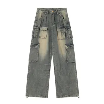 Джинсовые брюки-карго в стиле хай-стрит оверсайз в стиле хип-хоп, уличная одежда, винтажные джинсовые брюки свободного кроя Y2K с множеством карманов, мешковатые после стирки.