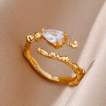 Кольца неправильной формы с цирконами в виде капель воды для женщин, Золотое кольцо из нержавеющей стали, Винтажные эстетические свадебные украшения anillos mujer