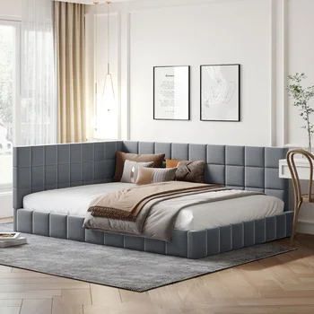 Каркас кушетки/дивана-кровати, обитый серым бархатом, в натуральную величину, легко монтируется для мебели для спальни в помещении