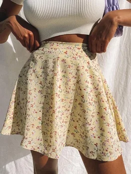 Юбка для вечеринок с цветочным принтом в стиле бохо, Летняя Новинка, плиссированная юбка с высокой талией, Короткие пляжные мини-юбки с сексуальными оборками для женщин 2022 г.