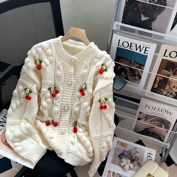 Короткий свитер Sweet Cherry, кардиганы, женское пальто, жаккардовый топ в корейском стиле, осень-зима 2023, женские свободные вязаные куртки.