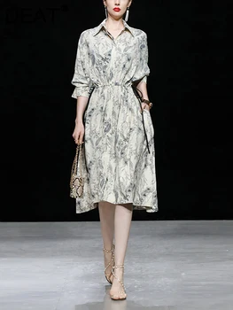 Модное женское платье-рубашка с лацканами, коротким рукавом, принтом, резинкой на талии, женские элегантные платья осень 2023, новинка