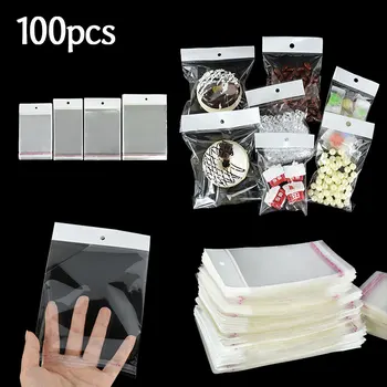 100шт Прозрачный пластиковый Самоклеящийся пакет для хранения конфет Печенья ювелирных изделий Печать для хранения Упаковочных пакетов с отверстиями для подвешивания
