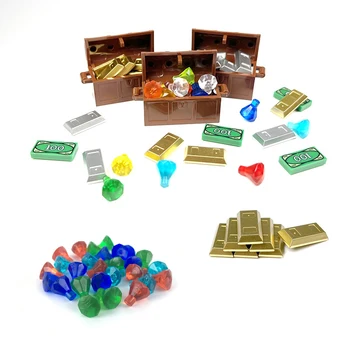 Строительные блоки MOC Совместимы с LEGO Золотые Серебряные Кирпичи Монеты Драгоценные камни Бриллианты Пиратский Сундук с сокровищами Наборы деталей Игрушки