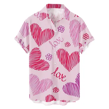 Мужские летние рубашки в стиле Дня Святого Валентина, свободная рубашка на пуговицах с коротким рукавом и принтом для любителей моды, мужские дизайнерские Элегантные рубашки 2023 года.