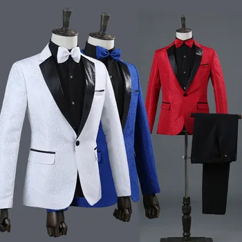 Мужская сценическая фотосъемка 2023 года, студийная фотосъемка, красный, белый и синий трехцветный костюм певицы с темными цветами, двойка