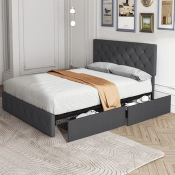 Каркас современной мягкой кровати с 4 выдвижными ящиками, кровать-платформа с изголовьем на пуговицах Темно-серого цвета