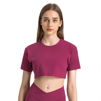 Женская Летняя Новая полосатая рубашка в рубчик для йоги с коротким рукавом, Открытая талия, Свободный Спортивный топ для бега, Быстросохнущий Кроп-топ для фитнеса
