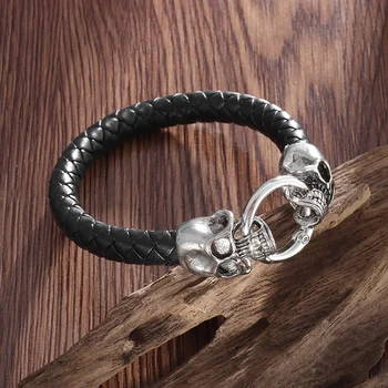 Готический двойной череп, черный плетеный кожаный браслет с кольцевой застежкой, мужские украшения в стиле байкер рок-панк
