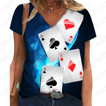 Летняя Повседневная Свободная футболка, Индивидуальность, Забавная футболка с 3D принтом Покера, Женская Уличная футболка Большого размера С коротким рукавом, Топы
