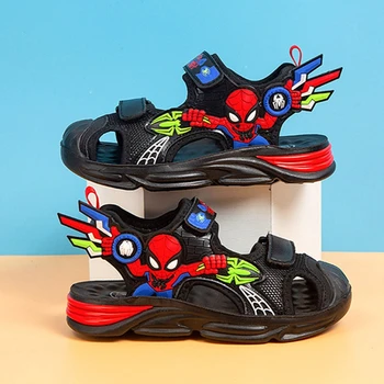 Летние сандалии с Человеком-пауком из мультфильма Диснея Для маленьких мальчиков, Повседневная обувь для детей с закрытым носком Для девочек, Спортивная мягкая пляжная обувь, Размер 24-35