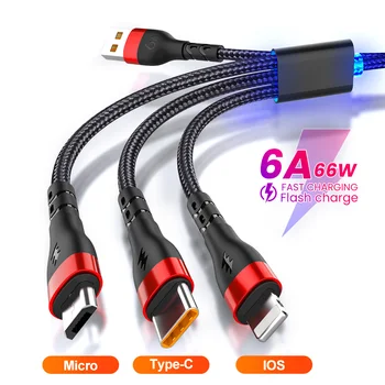 USB-кабель для Быстрой зарядки 3 В 1 для iPhone 14 13 12 11 Pro Max 6A Type C Зарядный Кабель Micro USB для передачи данных для Huawei Samsung