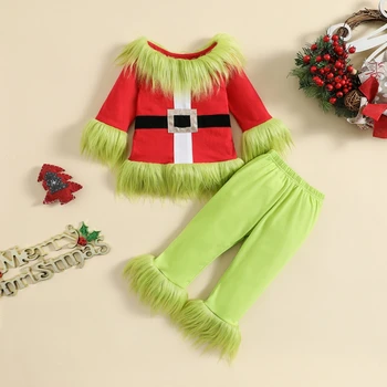 Рождественский комплект штанов для маленьких мальчиков и девочек из 2 предметов, пушистые плюшевые топы и брюки с эластичной резинкой на талии, костюмная одежда, детские пушистые костюмы