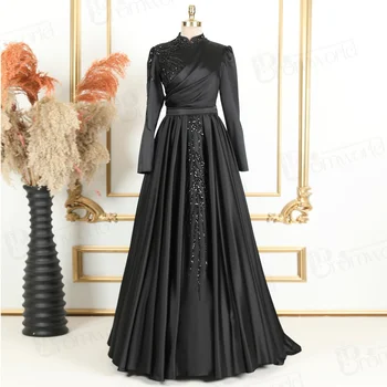 Черные скромные вечерние платья с длинным рукавом, полностью на подкладке, круглый вырез, мусульманский хиджаб, вечернее платье для женщин 2023, элегантный атлас, расшитый бисером