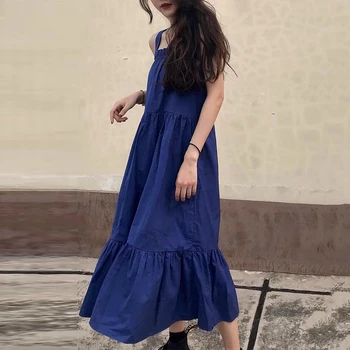 Синее женское платье без рукавов, летняя принцесса, шикарная, милая, девичья, винтажная, во французском стиле, Эстетичные складки, выполненные в литературном стиле Fairycore