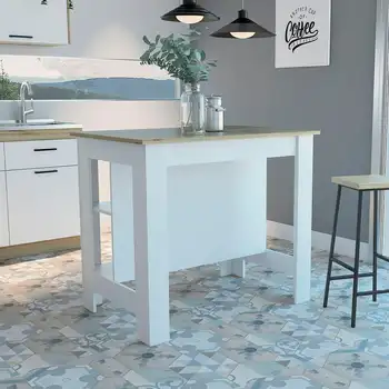 Кухонный остров, окрашенный в белый цвет, деревянная столешница