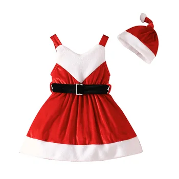 Наряды из 2 предметов Для Маленьких Девочек Контрастного Цвета, Рождественское Бархатное Платье и Шляпа Санта-Клауса для Вечеринки, Милая Одежда