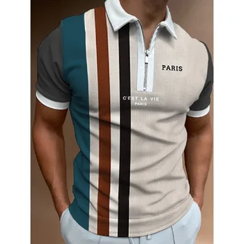 Рубашки поло для мужчин, деловой повседневный полосатый принт, летняя рубашка с отворотом и застежкой-молнией, дизайнерская одежда для гольфа, топы с короткими рукавами в стиле пэчворк.