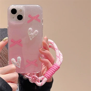 Роскошный 3D Love Heart Розовый Чехол-Цепочка Для Телефона Для iPhone 14 13 12 11 Pro Max INS Браслет Girl Shell Anti-drop Ручная Веревка Мягкий Чехол
