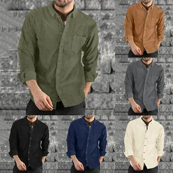 Мужские осенне-зимние рубашки повседневного покроя с длинными рукавами, однотонные хлопчатобумажные льняные рубашки и блузки на пуговицах Camisa Social Masculinas
