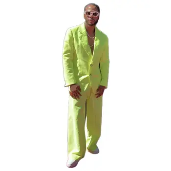 Флуоресцентные Зеленые мужские костюмы, 2 предмета, летняя Повседневная мужская одежда для Джентри, свадебные блейзеры для жениха, Смокинги, Облегающие брюки с прямыми штанинами.