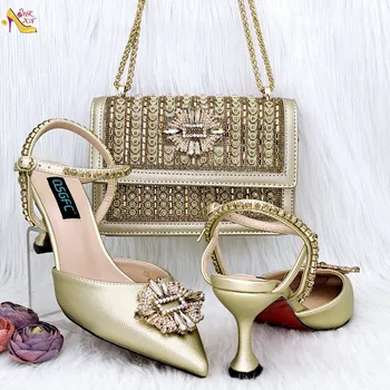 Модные женские туфли и сумка из золота, высококачественный высокий каблук и изящная металлическая цепочка, сумка со стразами, изготовленная из высококачественных материалов