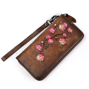 Женский кошелек на молнии с тиснением, клатч, наручные сумки, зажим для карт, цветок сливы, удобная сумка для денег в стиле ретро, женский длинный кошелек из натуральной кожи