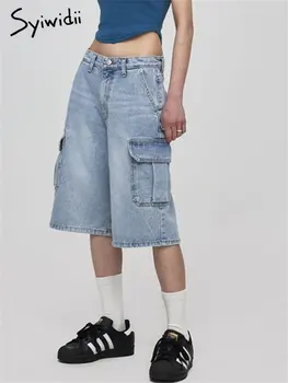 Женские джинсовые шорты-карго Syiwidii, корейская мода, повседневные джинсовые шорты с карманами, уличная одежда, винтажные прямые шорты