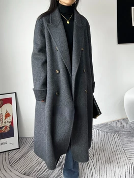 Новое серое Простое двустороннее Шерстяное Кашемировое пальто, женские двубортные шерстяные пальто с лацканами и длинным рукавом, модные осенне-зимние пальто