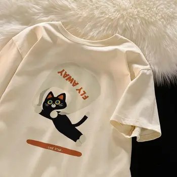 Американская хлопковая модная футболка с короткими рукавами в стиле ретро Cat для мужчин и женщин, летний свободный топ с коротким рукавом в стиле харадзюку