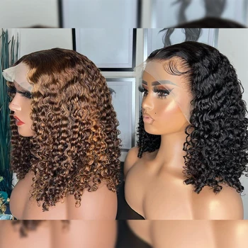 Luvin Дешевый Водяной кудрявый парик с подсветкой из человеческих волос, окрашенный короткой Т-образной частью, Кружевные фронтальные парики-бобы 180 плотности для чернокожих женщин