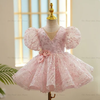 Розовое пышное платье для маленьких девочек с V-образным вырезом, Блестящие платья для девочек, платье для причастия, платья для девочек в цветочек длиной до колен, Детские платья 2023