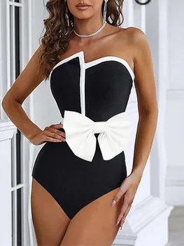 Модный женский черный цельный купальник с бантом по белому краю, обтягивающий грудь и прикрывающий длинную юбку, новейший стиль 2023 года