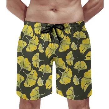Пляжные шорты с принтом Гинко Билоба, летние желтые листья, винтажные пляжные шорты, мужские плавки с быстросохнущим рисунком для серфинга