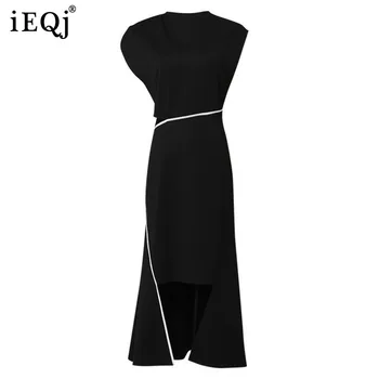 IEQJ Выдалбливают Нерегулярный Дизайн Черные Платья Для Женщин Без Рукавов С Высокой Талией Средней Длины Женское Платье 2023 Новое Лето 3WQ6873