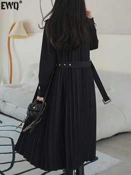 [EWQ] Черное плиссированное Женское пальто-ветровка с длинным рукавом, Двубортный тренч с поясом, Осень-Зима 2023, Новая Верхняя одежда.