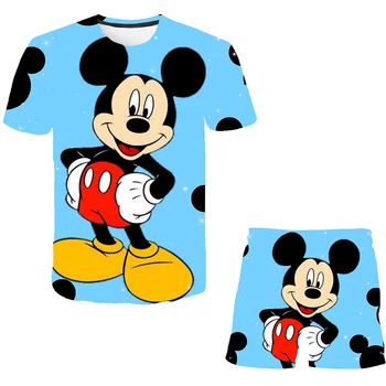 Новый летний комплект одежды с Микки Маусом для детей, мальчиков и девочек, Футболка с героями мультфильмов, Шорты Disney, Повседневная одежда из 2 предметов, Спортивная одежда