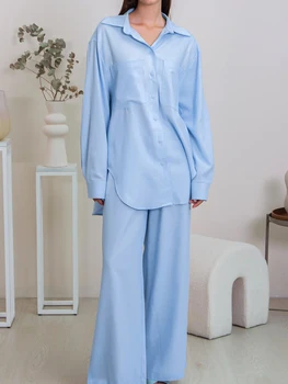 Linad/ Свободная женская домашняя одежда, комплекты из 2 предметов, Повседневная пижама с длинным рукавом, Женские брючные костюмы, однотонная осенняя пижама 2023 г.