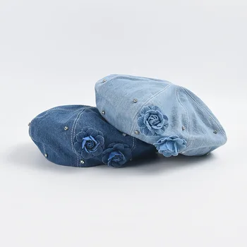 Корейская версия джинсового берета со стразами Ins Женская мода Универсальная Простая шляпа для рисования цветов Нишевый дизайн Boina Casquette