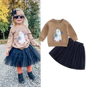 FOCUSNORM, комплекты одежды для девочек на Хэллоуин от 0 до 4 лет, толстовка с длинным рукавом и цветочным принтом Призрака и кружевная юбка из тюля