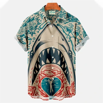 Мужские рубашки Одежда с 3D принтом животных и акул, модная уличная рубашка на пуговицах с коротким рукавом и лацканами, Гавайская блузка, футболка
